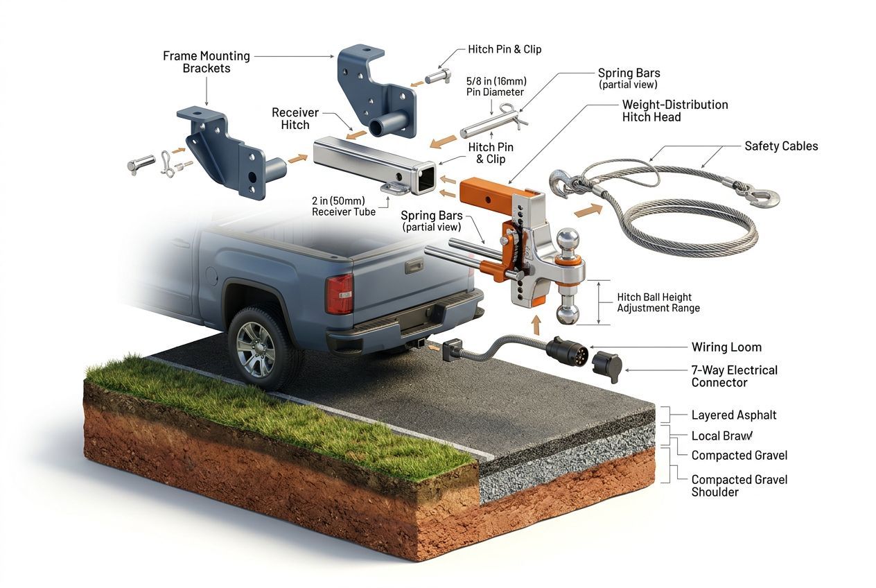 3D exploded view of towing connection hardware and assembly