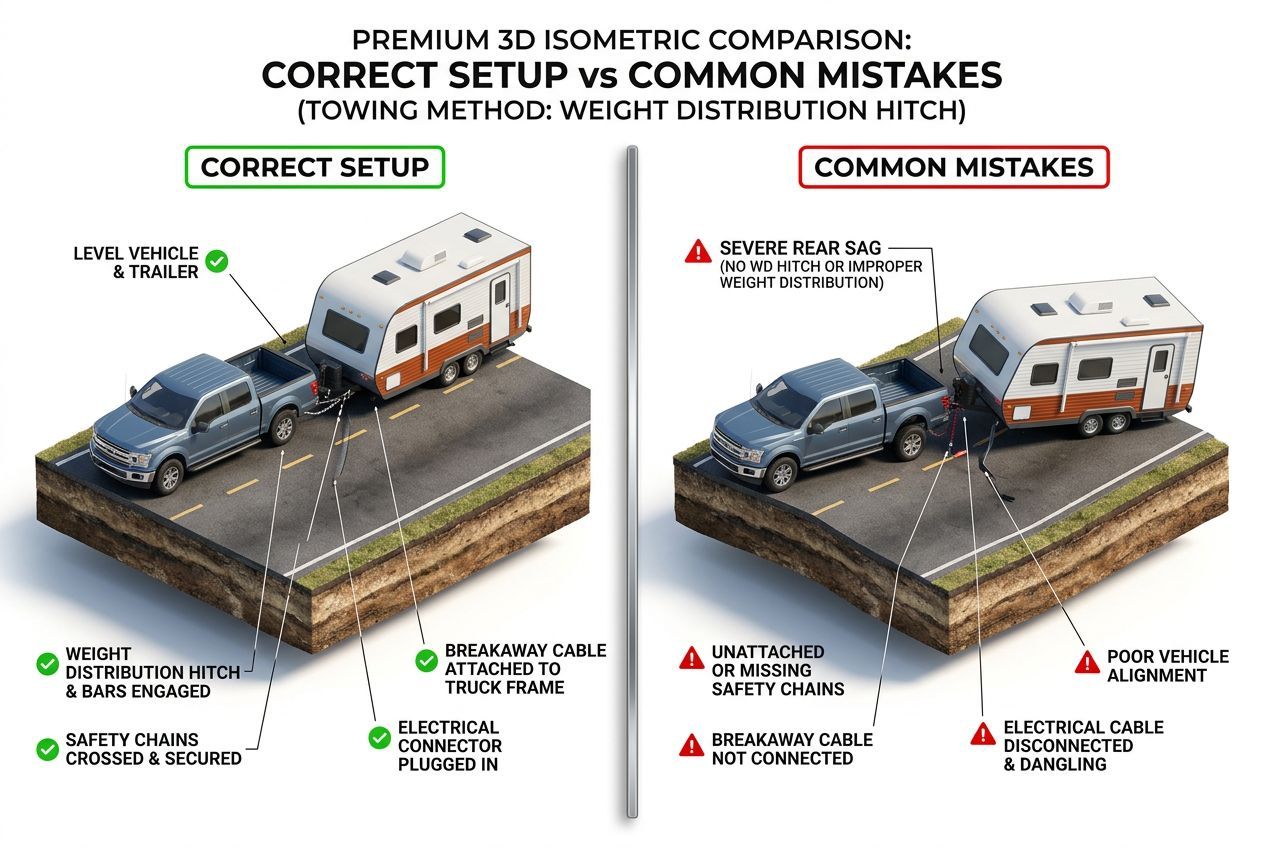 3D comparison of correct towing setup versus common mistakes