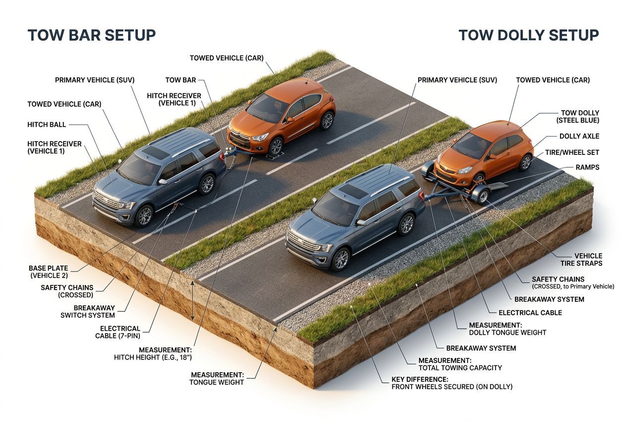 3D isometric diagram showing the tow bar vs tow dolly setup with labeled components