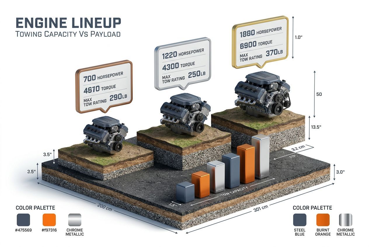 3D data visualization comparing Towing Capacity Vs Payload engine options and towing capacities