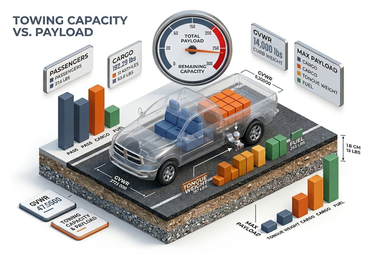 3D payload capacity visualization for Towing Capacity Vs Payload showing weight distribution and remaining capacity