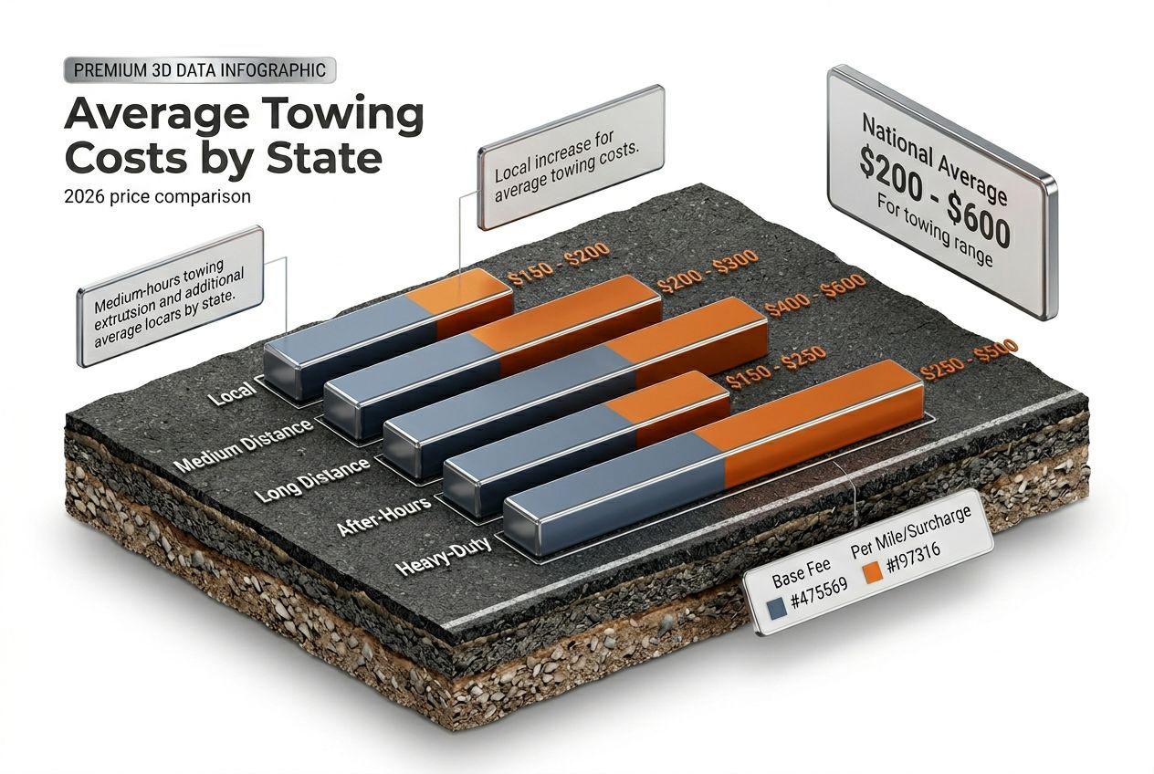 3D bar chart showing average towings by state: 2026 price comparison cost ranges by service type