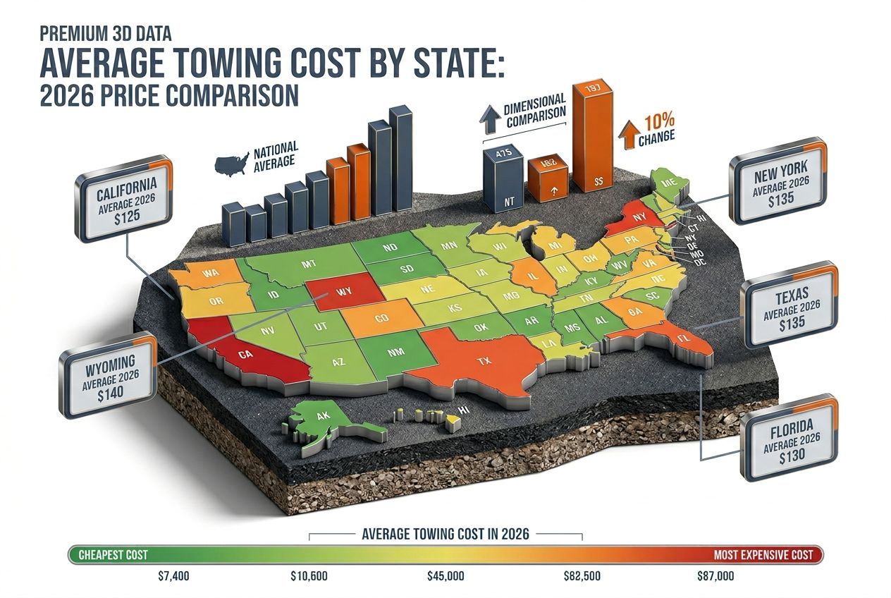 3D isometric US map showing average average towings by state: 2026 price comparison costs by state