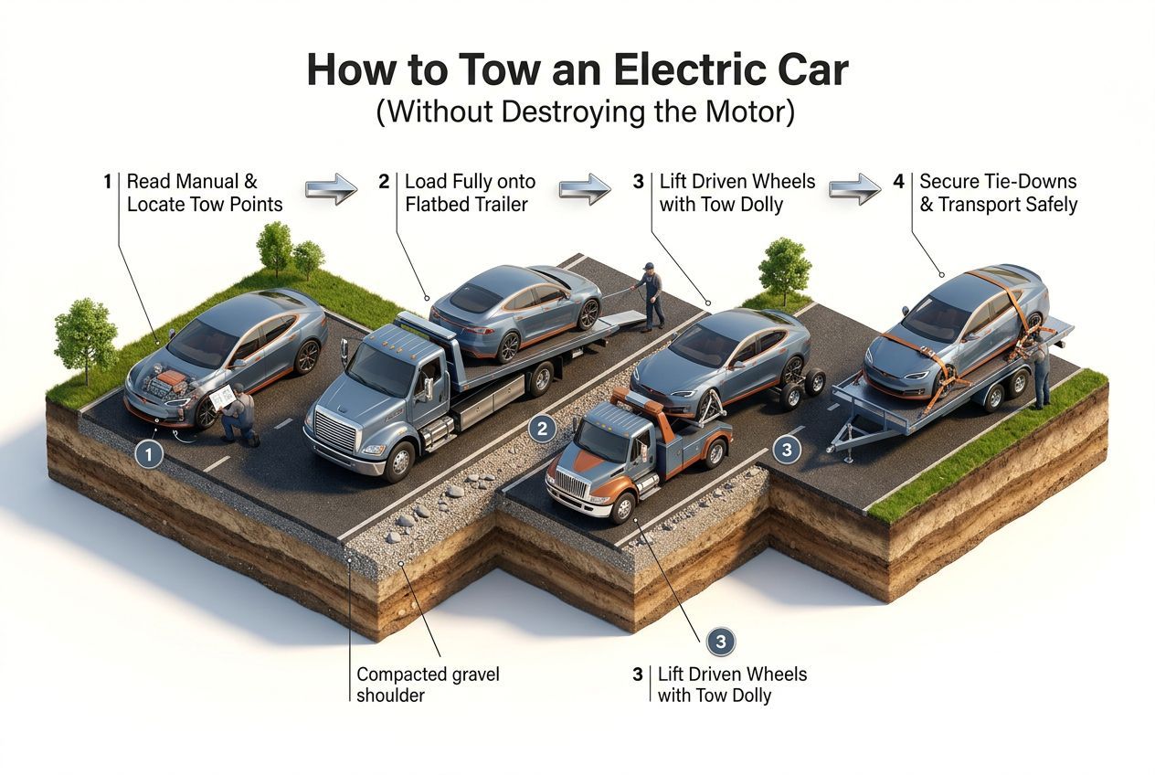 3D step-by-step process visualization for how to tow an electric car (without destroying the motor)