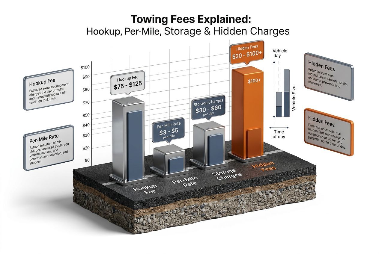 3D data visualization showing key figures for towing fees explained: hookup, per-mile, storage & hidden charges