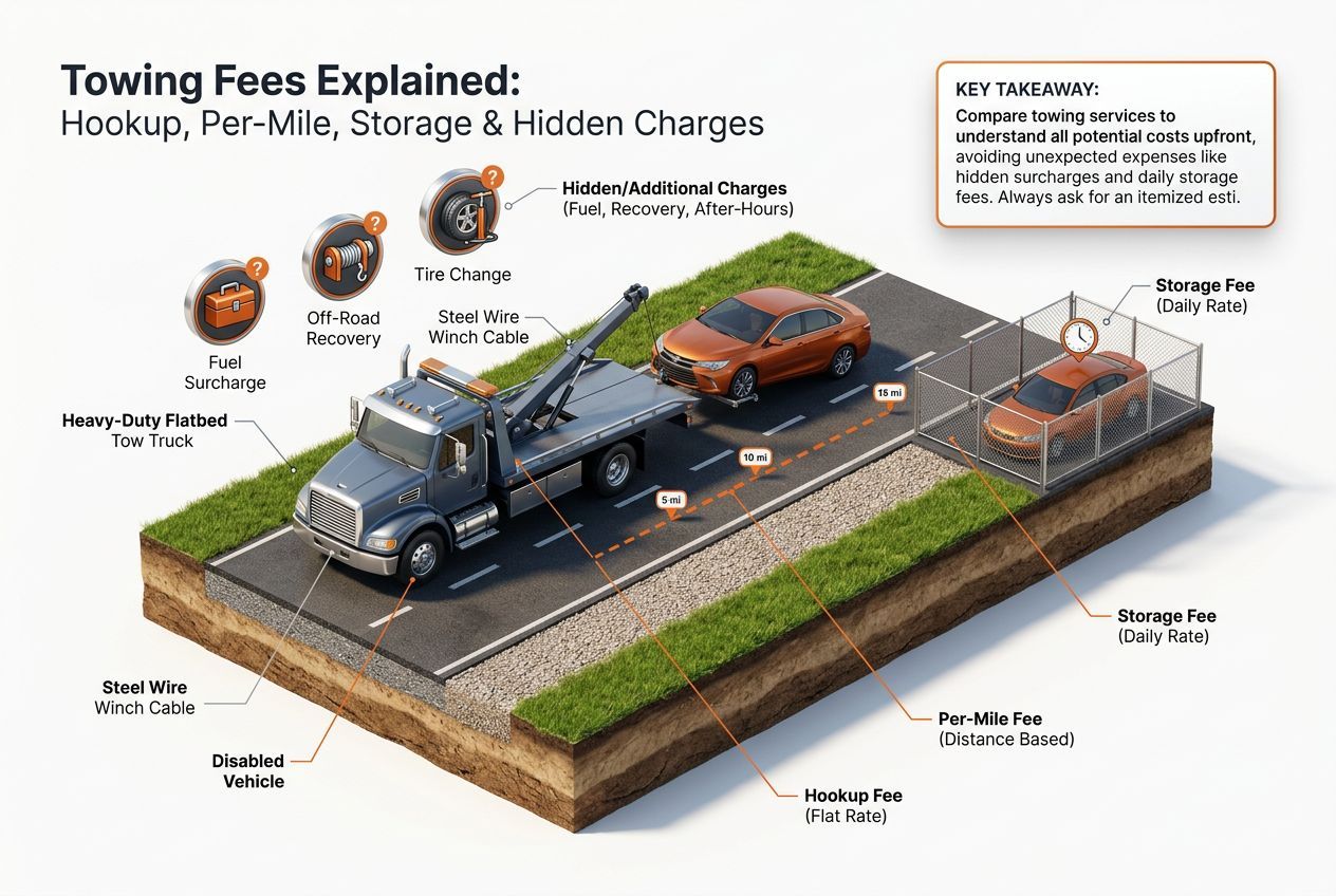 3D isometric overview diagram for towing fees explained: hookup, per-mile, storage & hidden charges