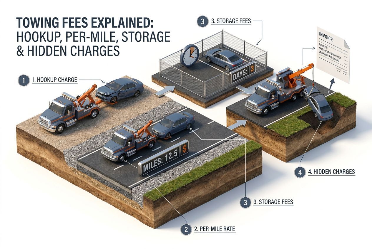 3D step-by-step process visualization for towing fees explained: hookup, per-mile, storage & hidden charges