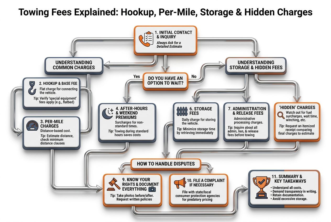3D flowchart of practical tips and decisions for towing fees explained: hookup, per-mile, storage & hidden charges