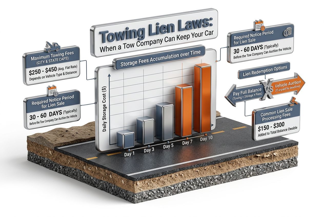 3D data visualization showing key figures for towing lien laws: when a tow company can keep your car
