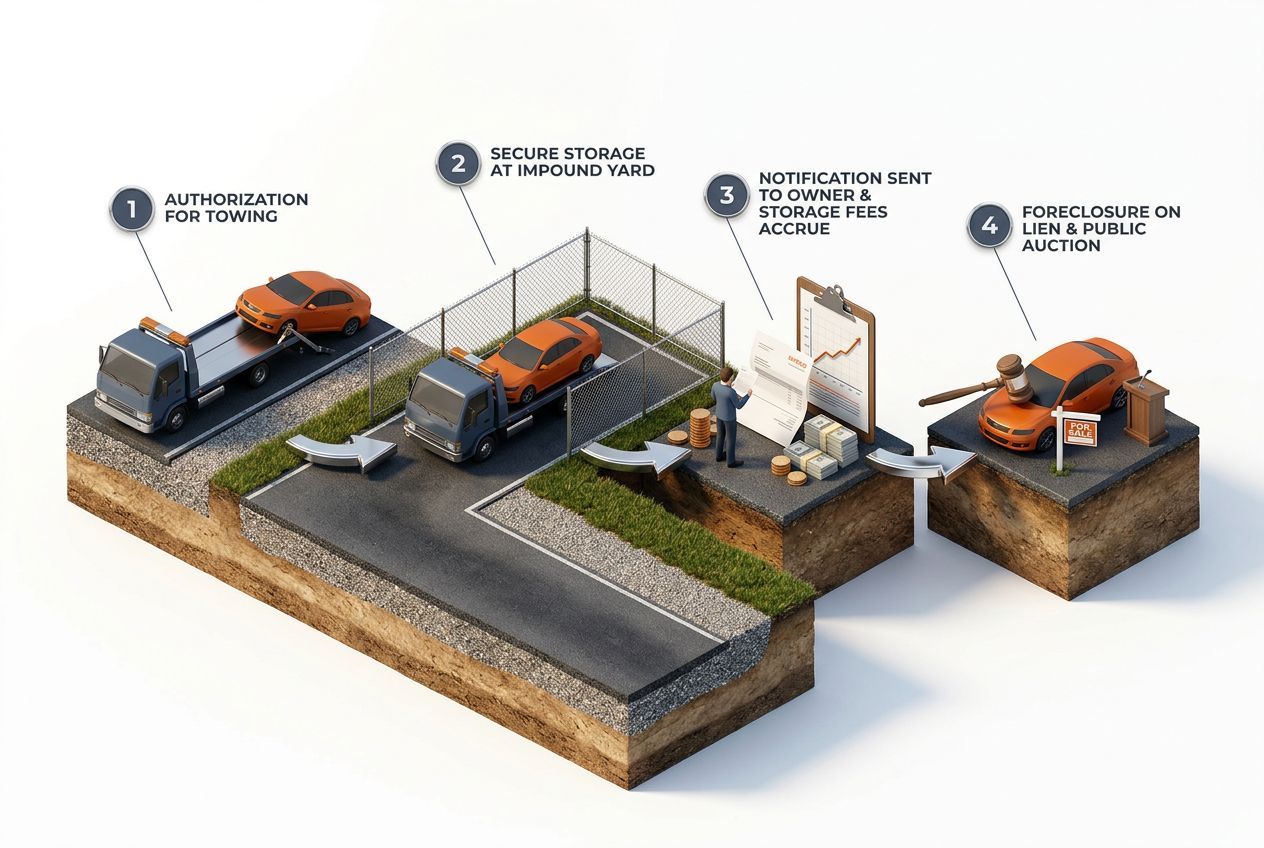 3D step-by-step process visualization for towing lien laws: when a tow company can keep your car