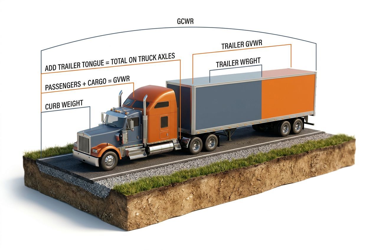 3D cutaway showing all weight rating measurement points on a truck and trailer