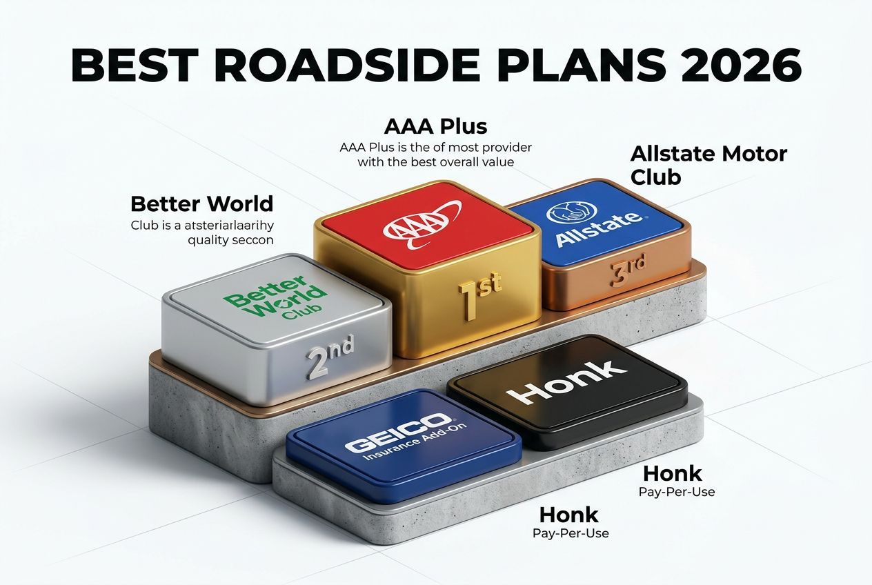 2026 roadside assistance plan ranking by overall value showing AAA Plus, Better World Club, Allstate, Geico, and Honk