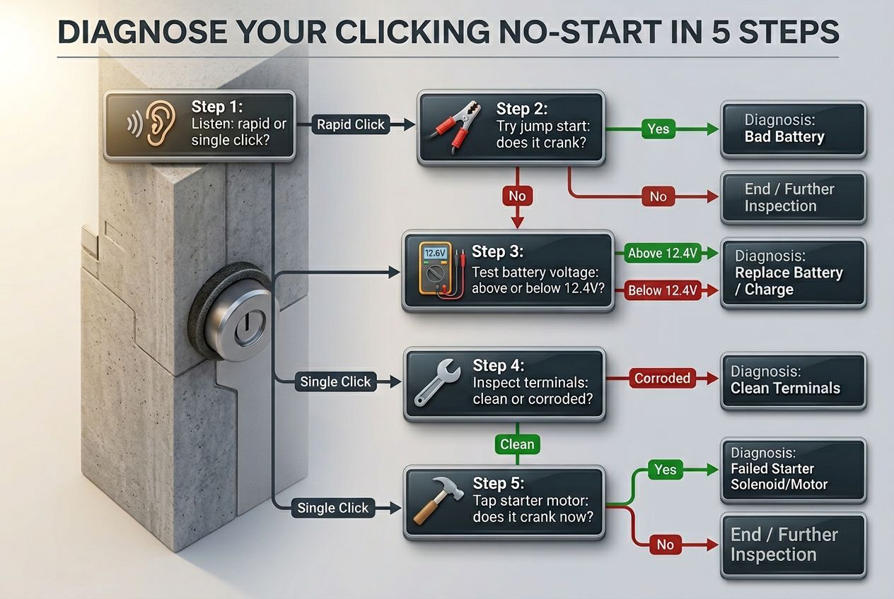 Five step diagnostic process for car clicking but not starting from listen to starter test
