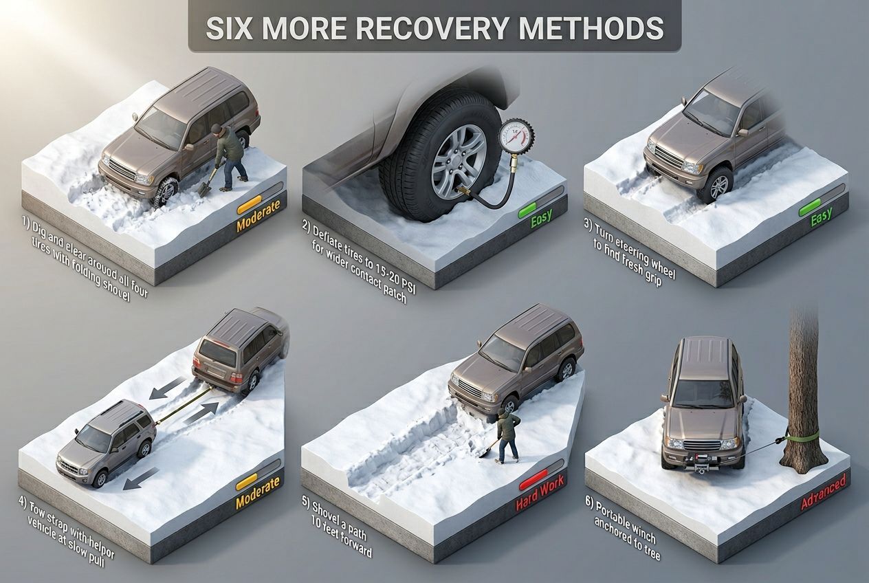 Six additional snow recovery methods dig deflate tires steering tow strap shovel and winch