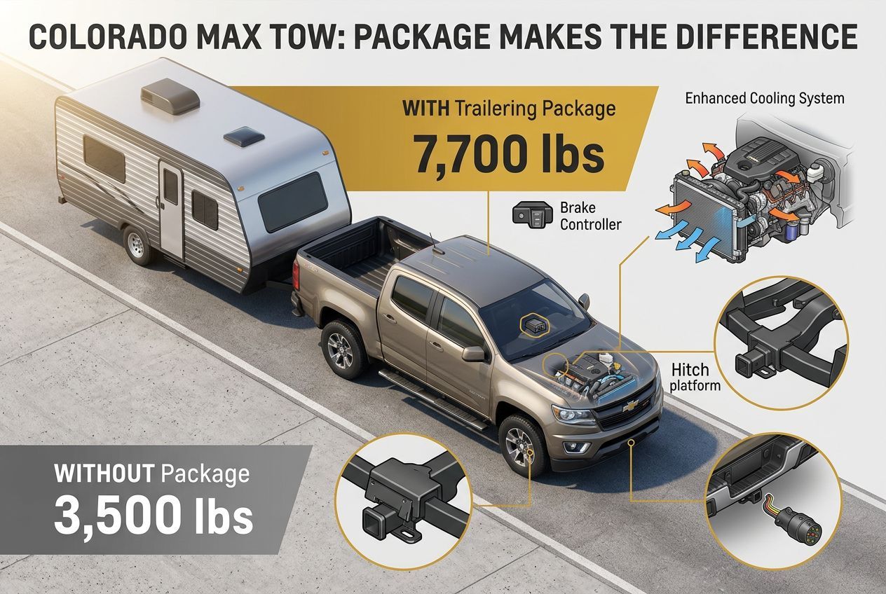 Chevy Colorado towing capacity showing 7,700 lb max with trailering package components
