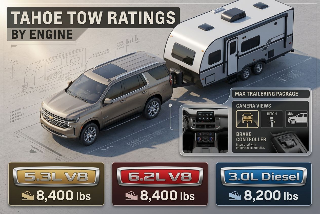 Chevy Tahoe towing capacity by engine showing V8 and diesel ratings with Max Trailering Package