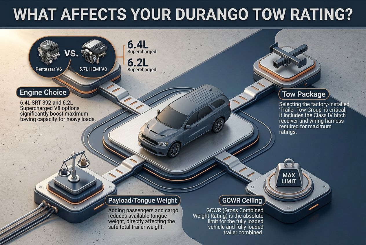 Dodge Durango towing capacity factors diagram showing engine, tow package, payload, and GCWR