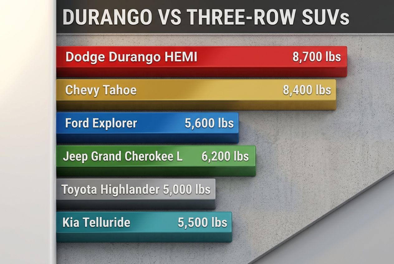 Dodge Durango towing capacity vs Tahoe, Explorer, Grand Cherokee, Highlander, and Telluride