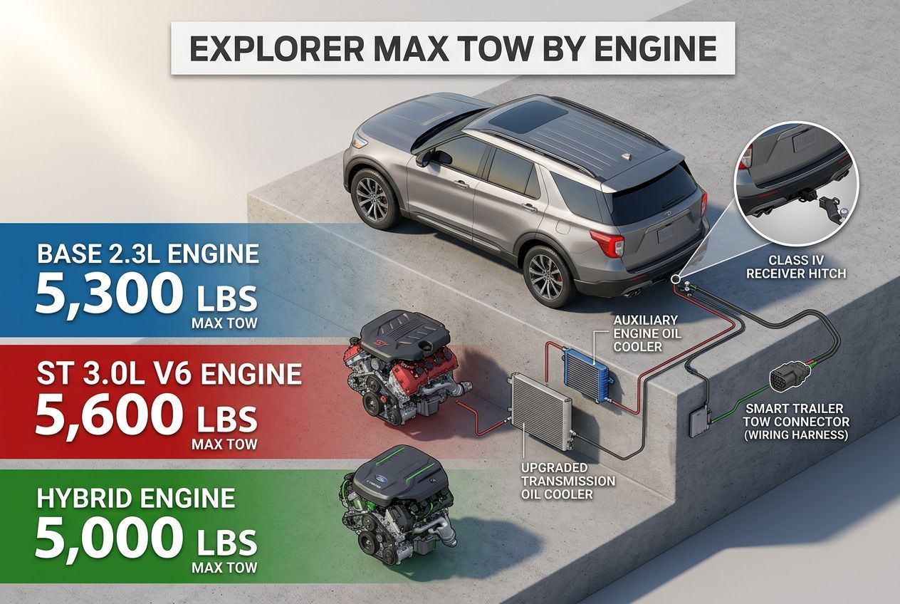 Ford Explorer towing capacity showing 5,300, 5,600, and 5,000 lb ratings by engine