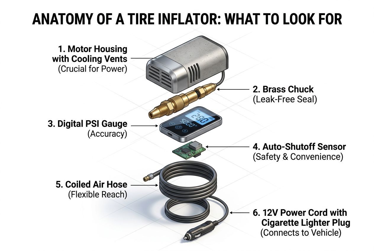 Portable tire inflator key features diagram showing PSI gauge chuck cord and motor components
