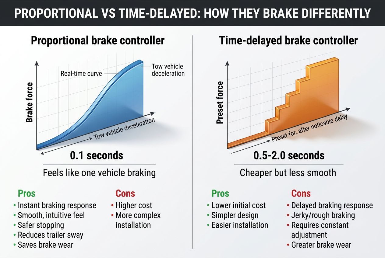 Proportional vs time-delayed trailer brake controller comparison showing response curves