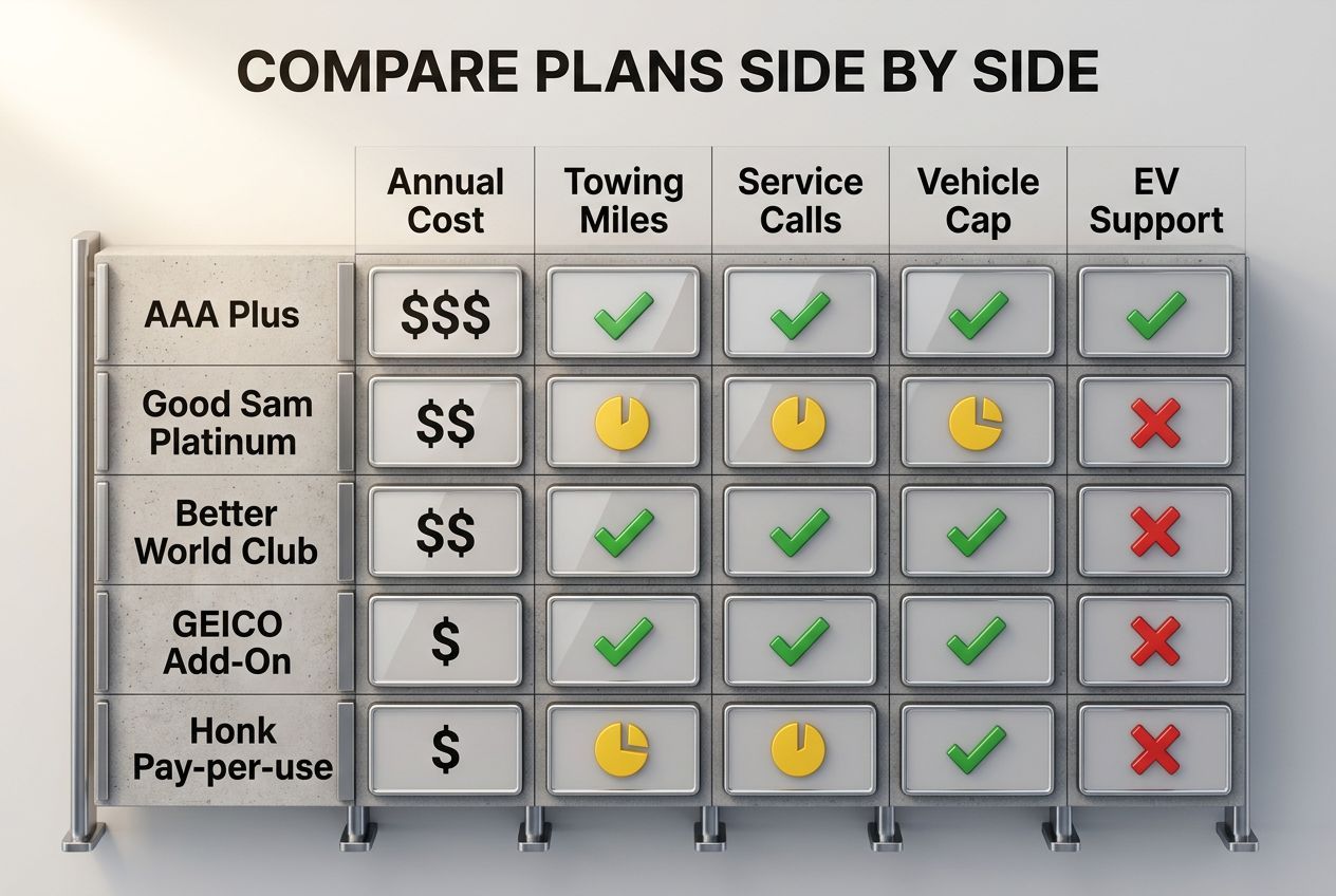 Roadside assistance comparison matrix showing 5 plans across cost, towing, calls, vehicle, EV criteria