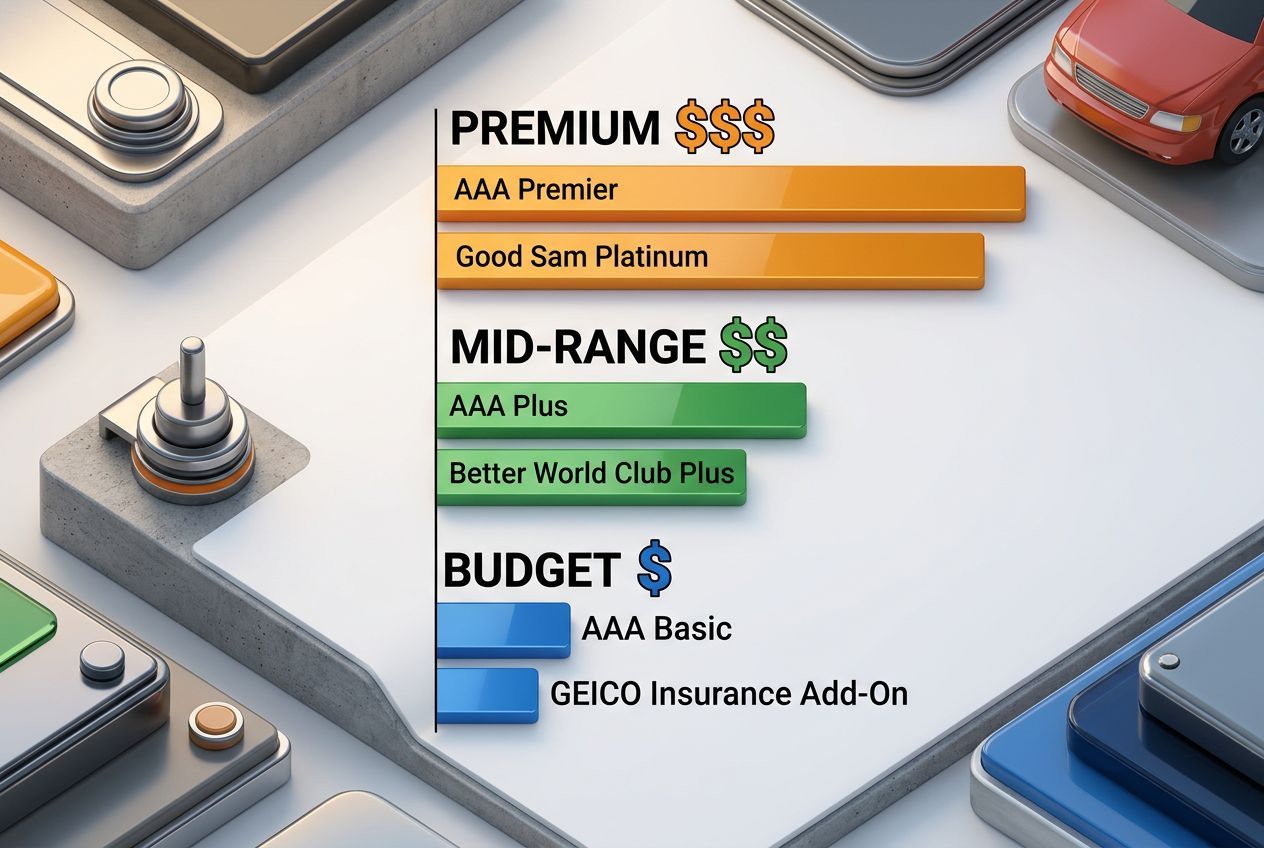 Annual cost tier comparison chart showing premium, mid-tier, and budget roadside assistance options