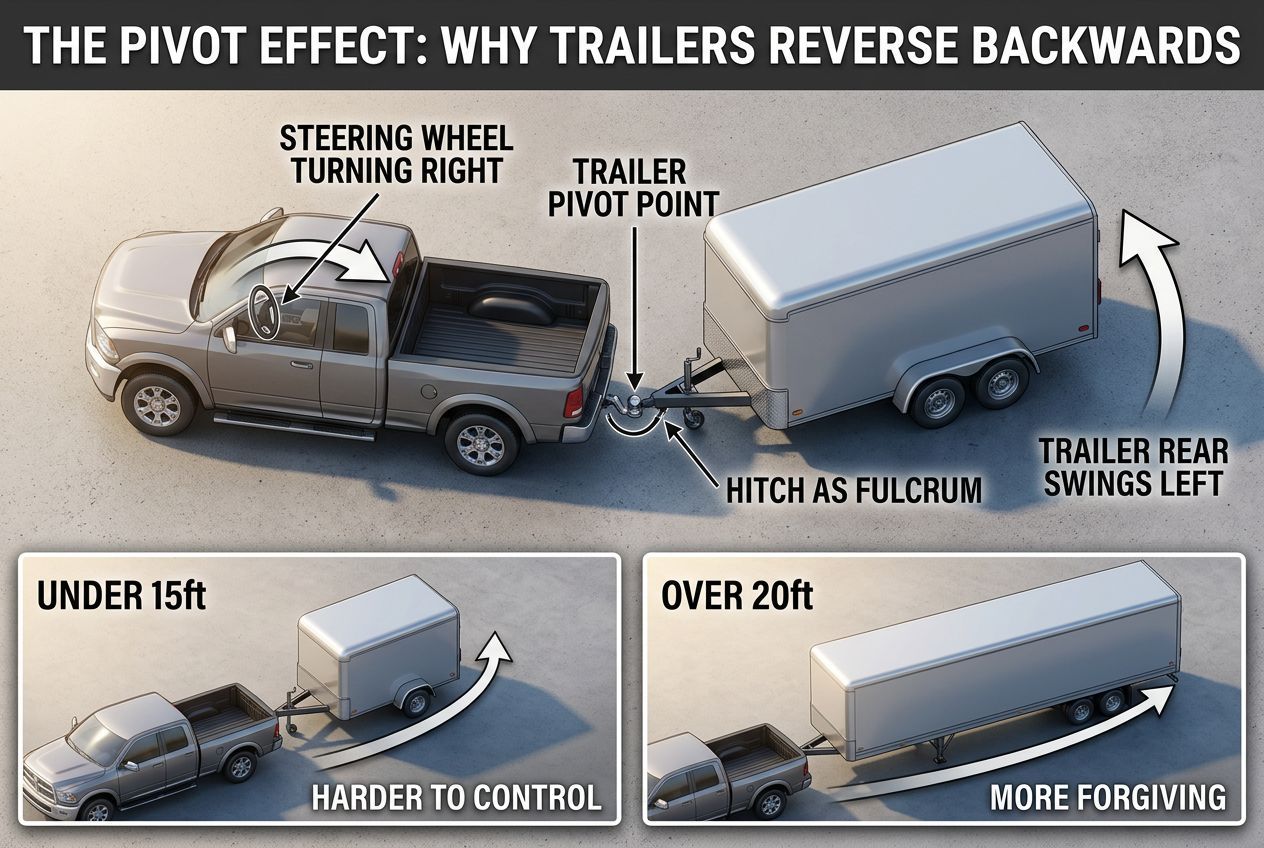 Trailer pivot point diagram showing how steering input reverses direction at the hitch