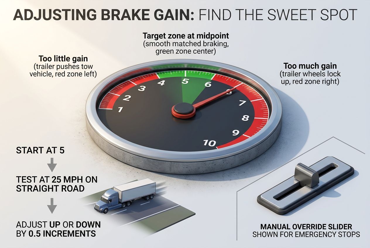 Trailer brake controller gain adjustment guide showing test process and target braking zone