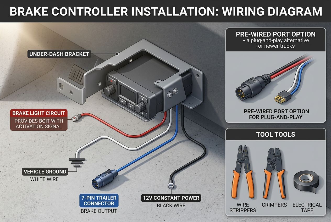 Trailer brake controller installation diagram showing mounting wiring and 7-pin connection
