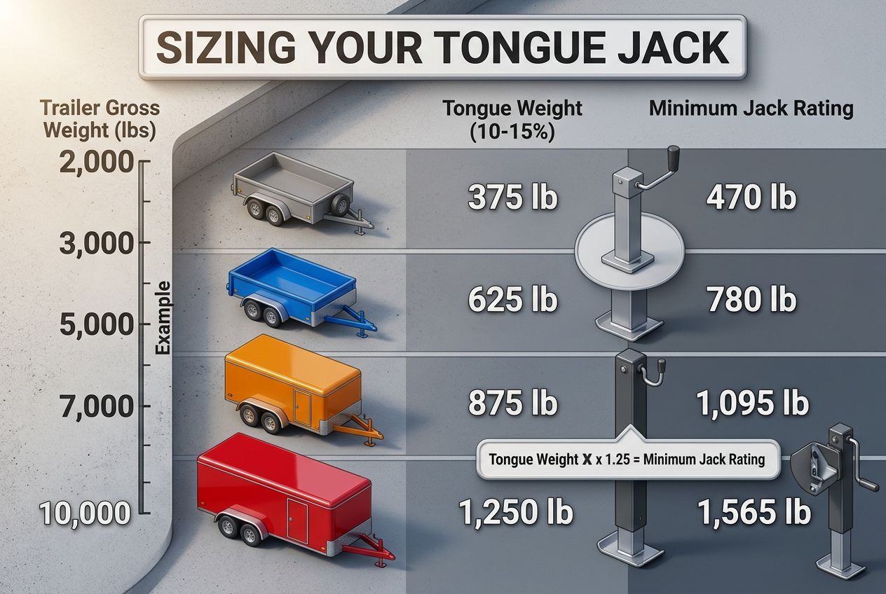 Trailer tongue jack sizing guide showing GTW to tongue weight to minimum jack rating formula
