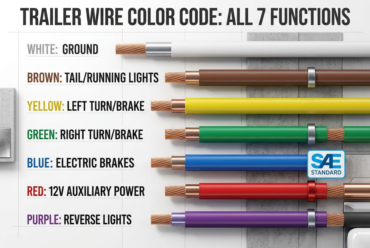 Trailer wiring color code diagram showing all seven standard wire colors and functions