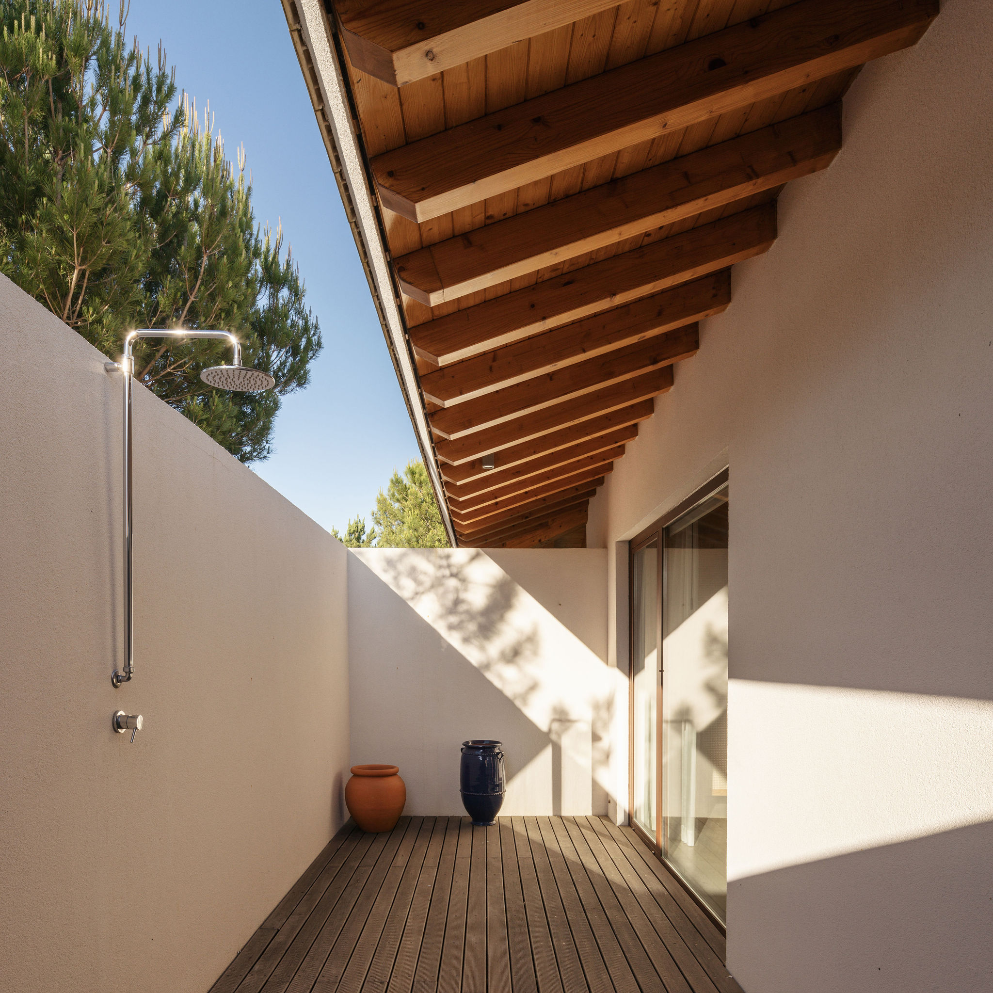 Outdoor shower on a timber deck