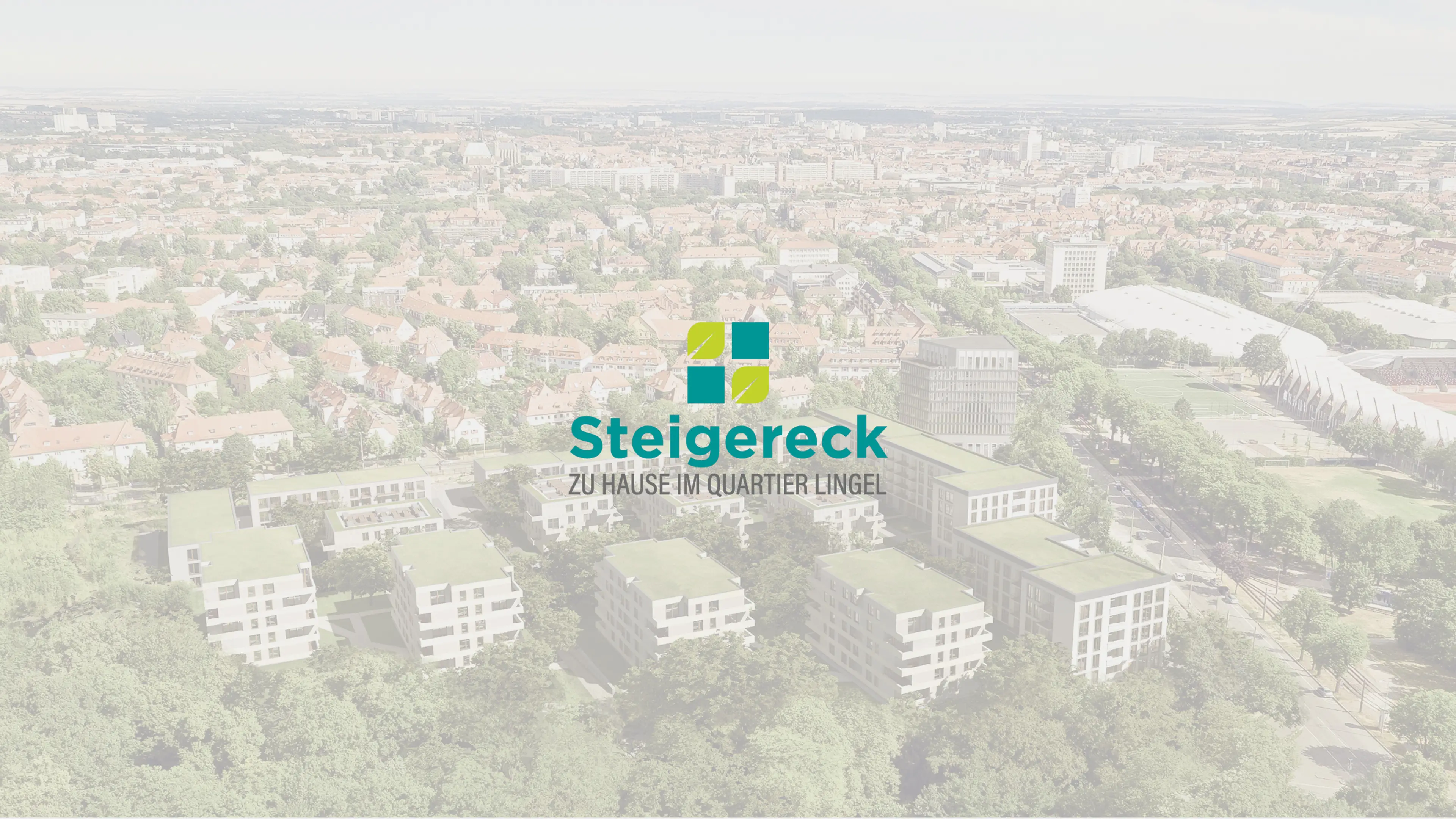 Logo des Neubauprojekts mit dem Text "Steigereck – Zu Hause im Quartier Lingel", das auf einer verschwommenen Visualisierung des Projekts platziert ist