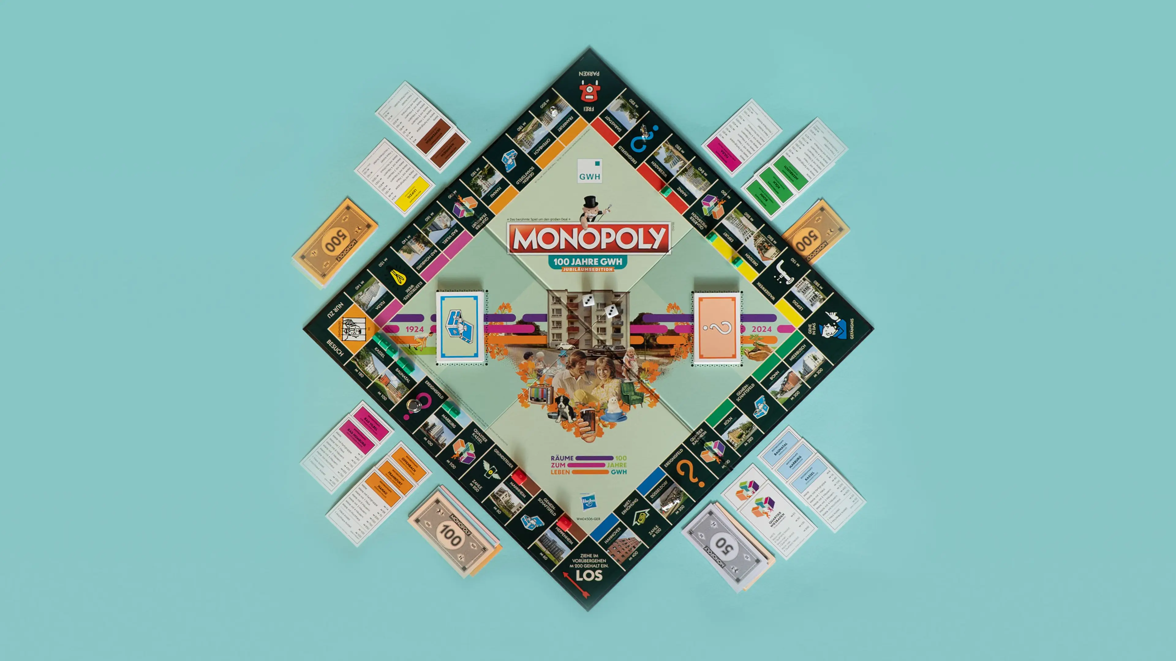 Foto des Spielbretts aus der Vogelperspektive vom GWH Monopoly zum 100 Jährigen Jubiläum der GWH.