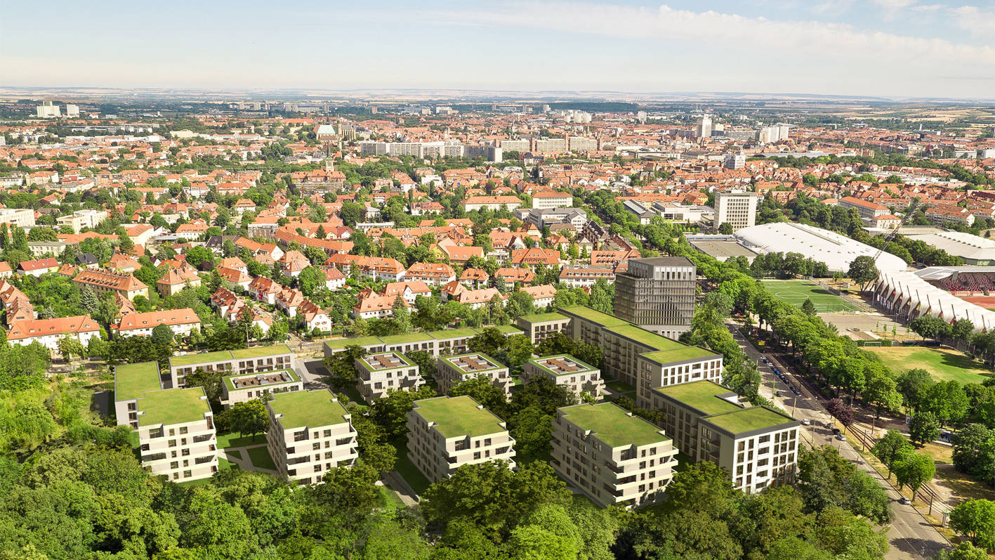 Visualisierung des Neubauprojekts Steigereck in Erfurt aus der Vogelperspektive mit Blick über die Neubauten in Richtung der Erfurter Stadtmitte