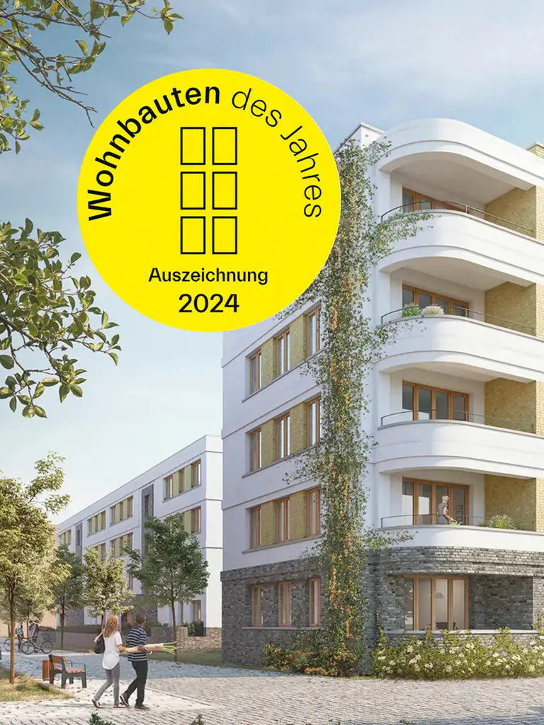 Visualisierung der Neubauprojekts Holy Moly in Mainz, die das Gebäude von der Straßenperspektive aus zeigt. Als Störer wurde auf dem Bild zudem die Auszeichnung "Wohnbauten des Jahres 2024" angebracht.