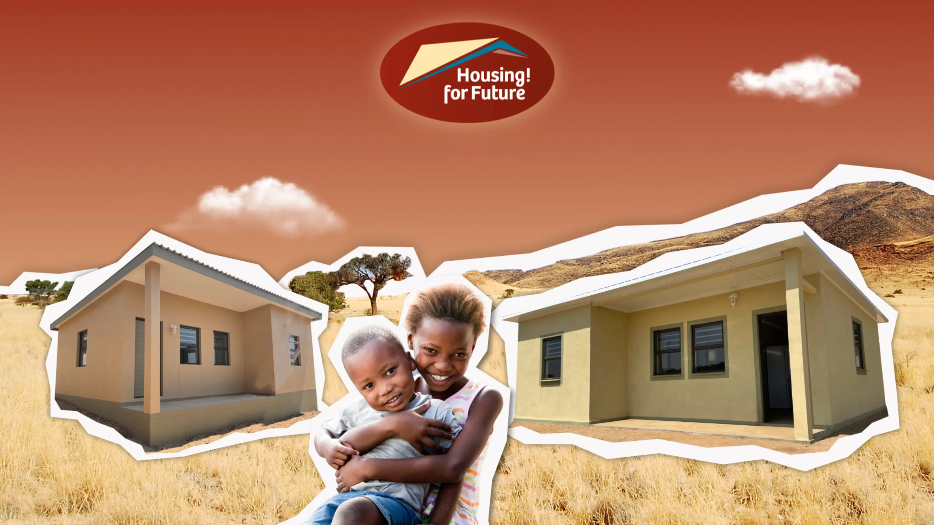 Bildcollage mit Kindern, Häusern und dem Logo von Housing for Future in einem afrikanischen Setting