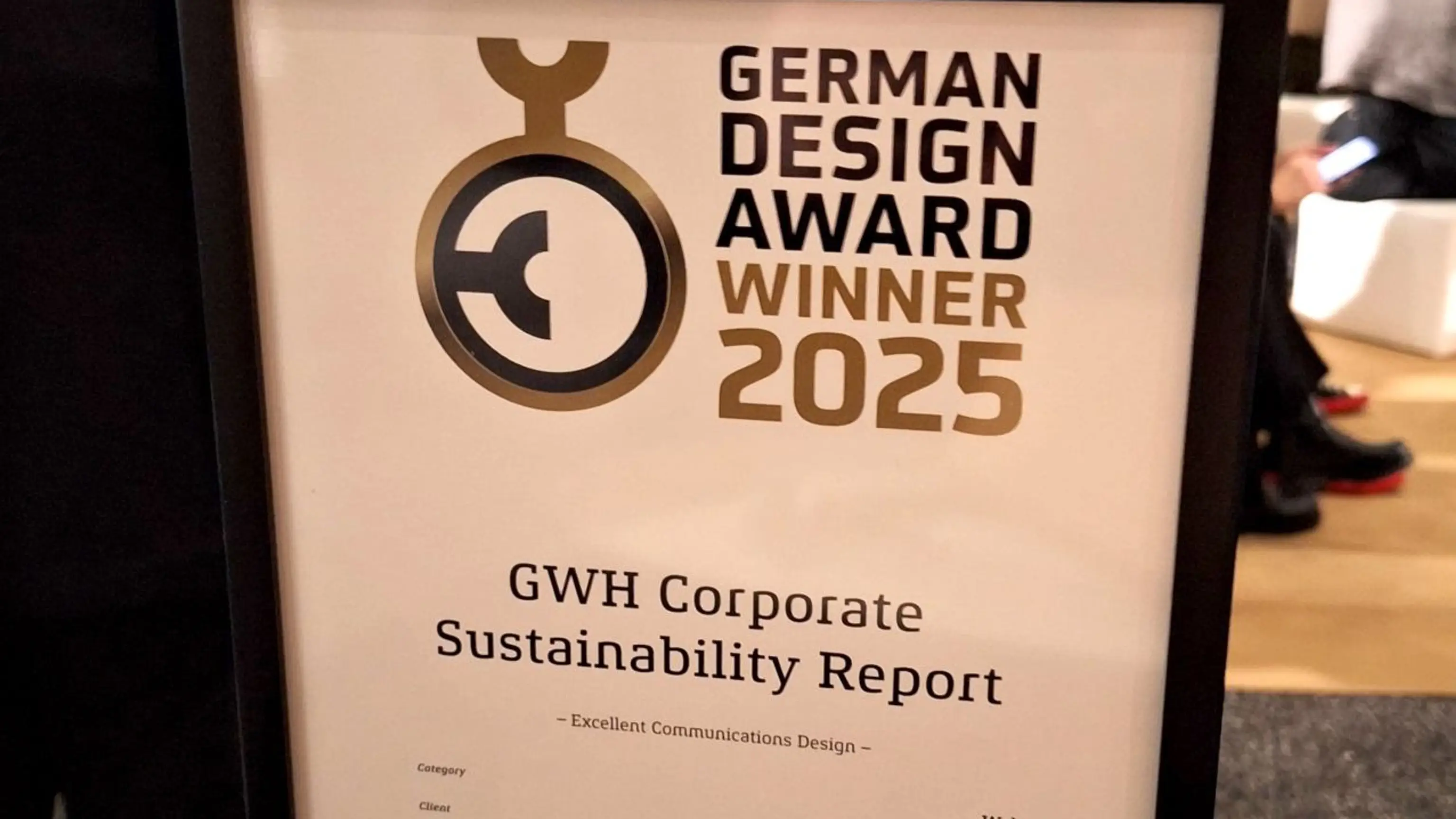 Urkunde zur Auszeichnung vom German Design Award in der Kategorie "Excellent Communication Design Web" für die GWH-Nachhaltigkeitswebsite  
