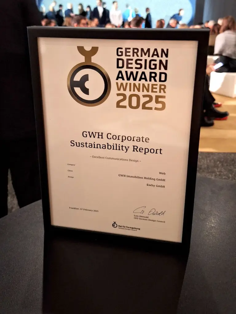 Urkunde zur Auszeichnung vom German Design Award in der Kategorie "Excellent Communication Design Web" für die GWH-Nachhaltigkeitswebsite  
