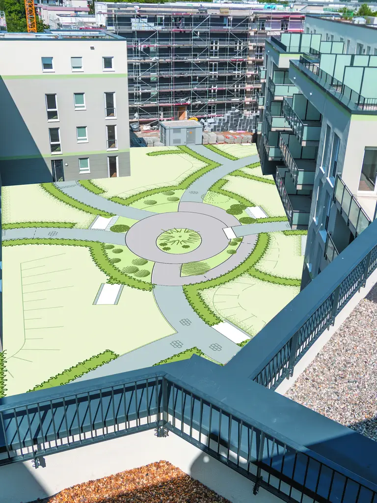 Visualisierung des Innenhofs im Neubauprojekt Varinia in Frankfurt