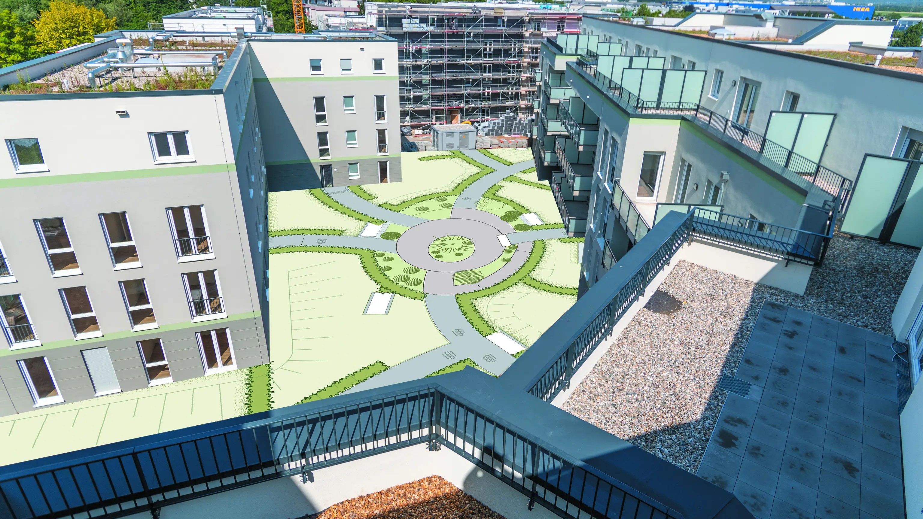 Visualisierung des Innenhofs im Neubauprojekt Varinia in Frankfurt