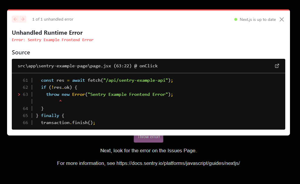 nextjs sentry error tracking in app page