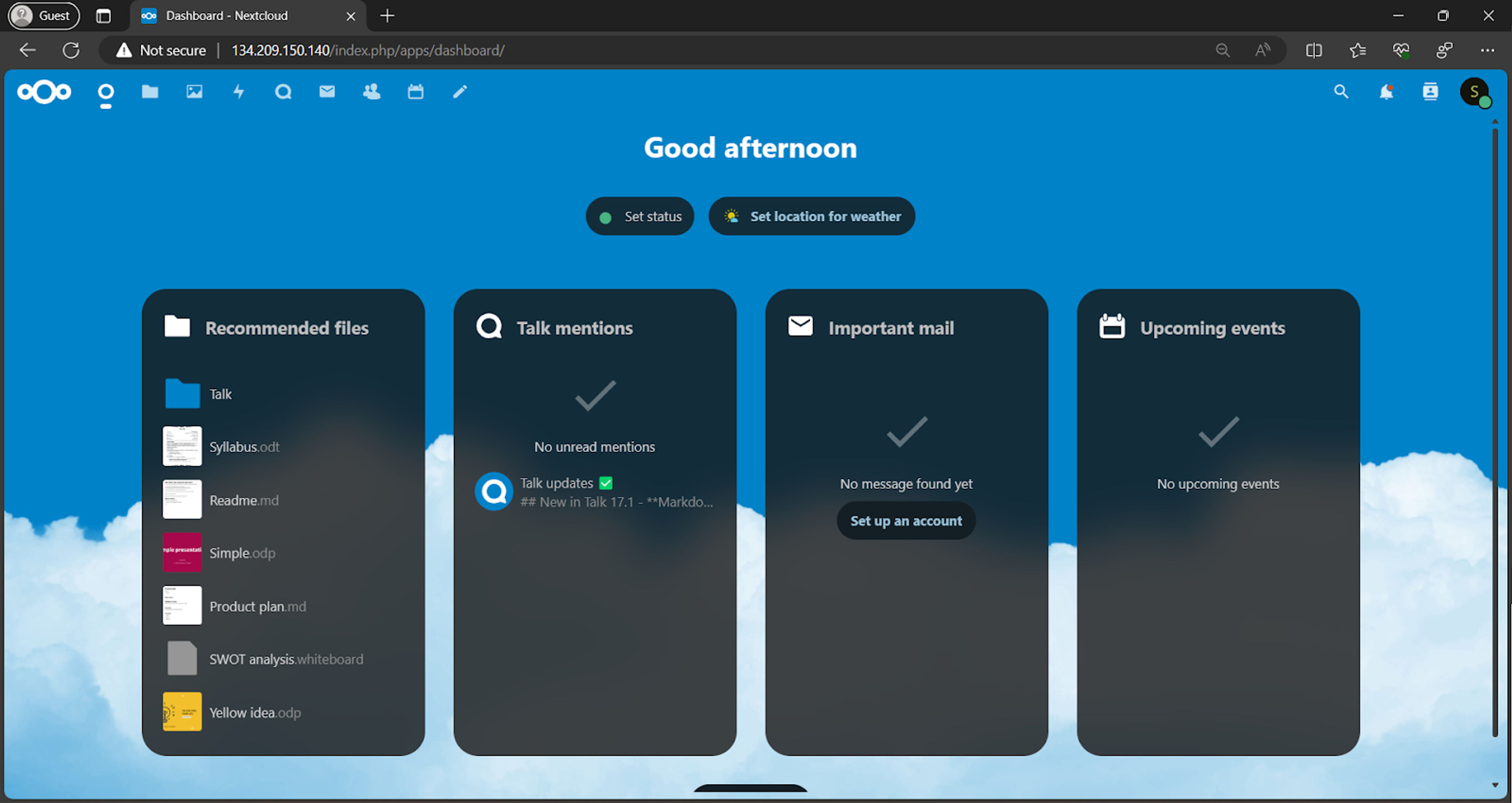 NextCloud Greeting Screen