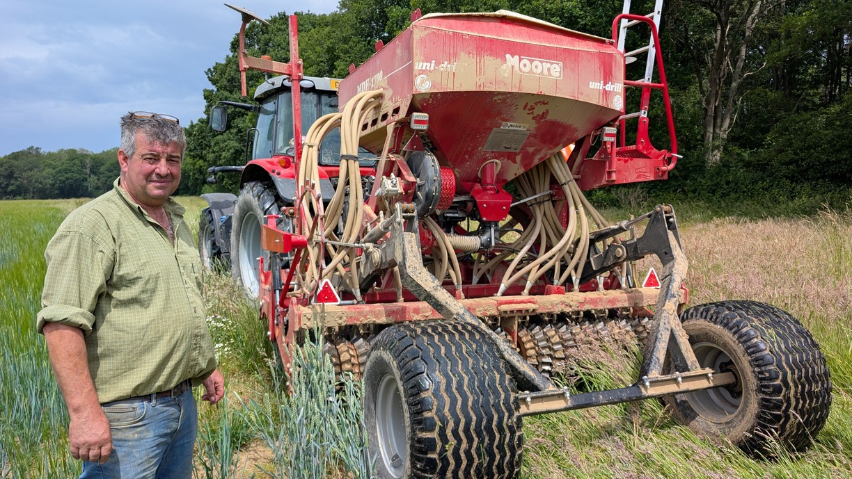 John with his MDH-1700 Trailed Direct Drill sowing a Wildflower seed mix into field margins