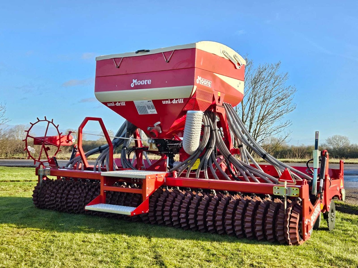 4m rigid mounted Moore Unidrill direct drill on grass, eligible for FETF 2026 productivity funding.