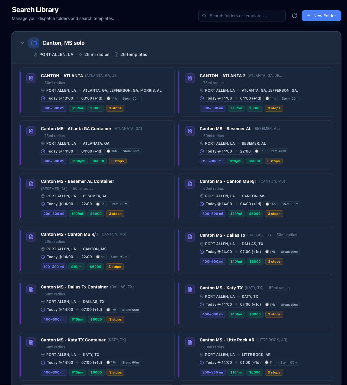 template list under folder on admin dashboard