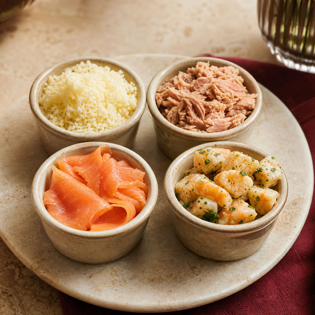 Supplément fromage, thon, saumon ou substitut crevettes