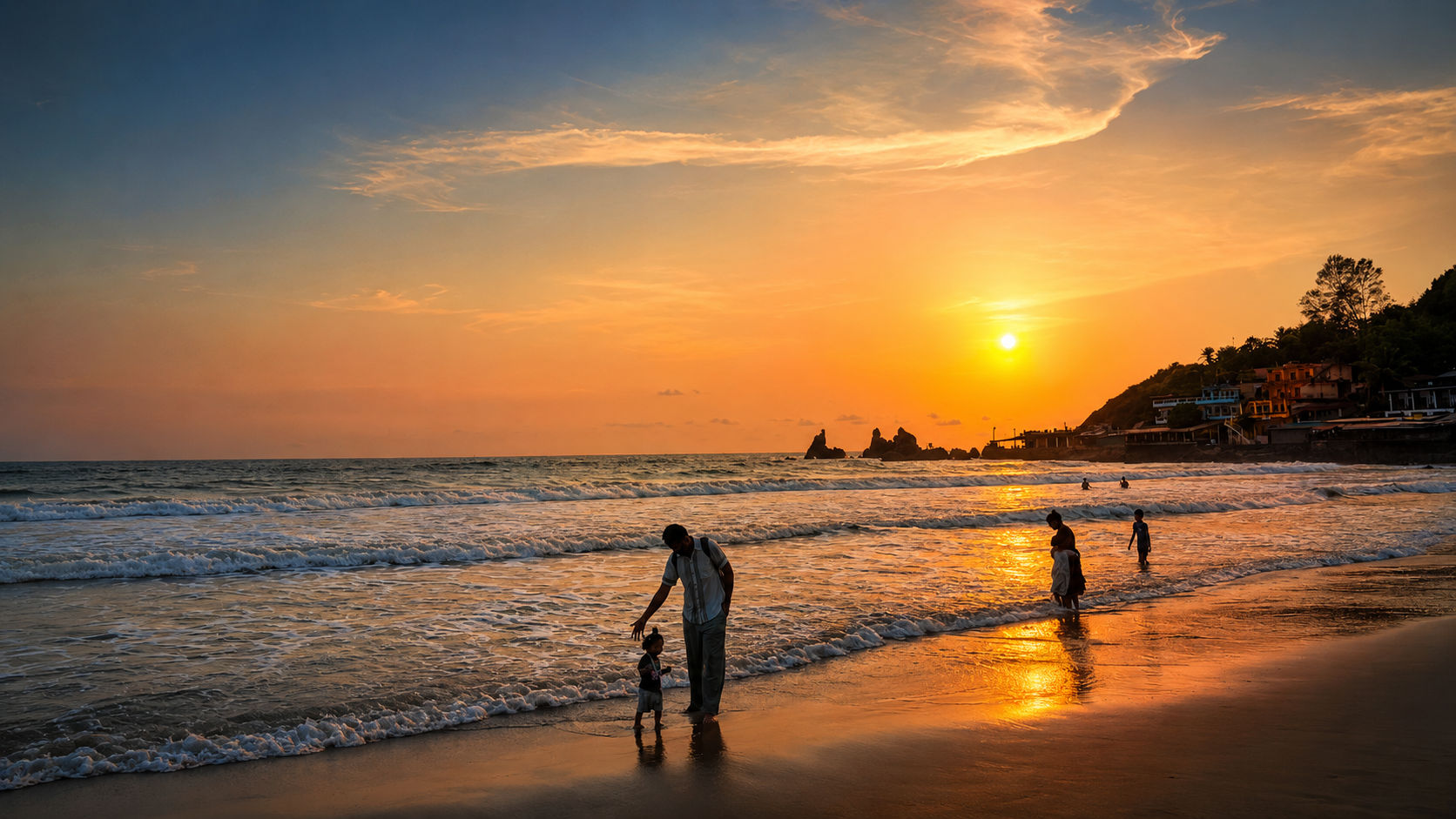 Gokarna main beach and temple town at sunset — Mahabaleshwara temple sits a short walk inland from here