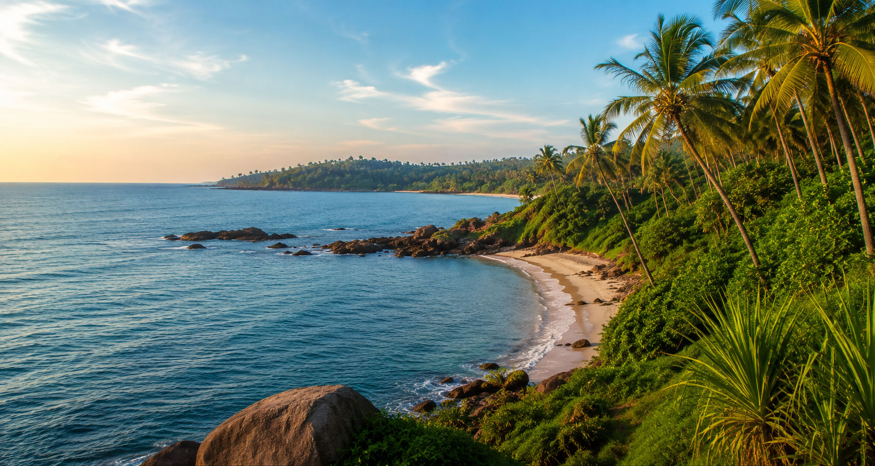 Palm-fringed coastline beside the Murudeshwar temple complex